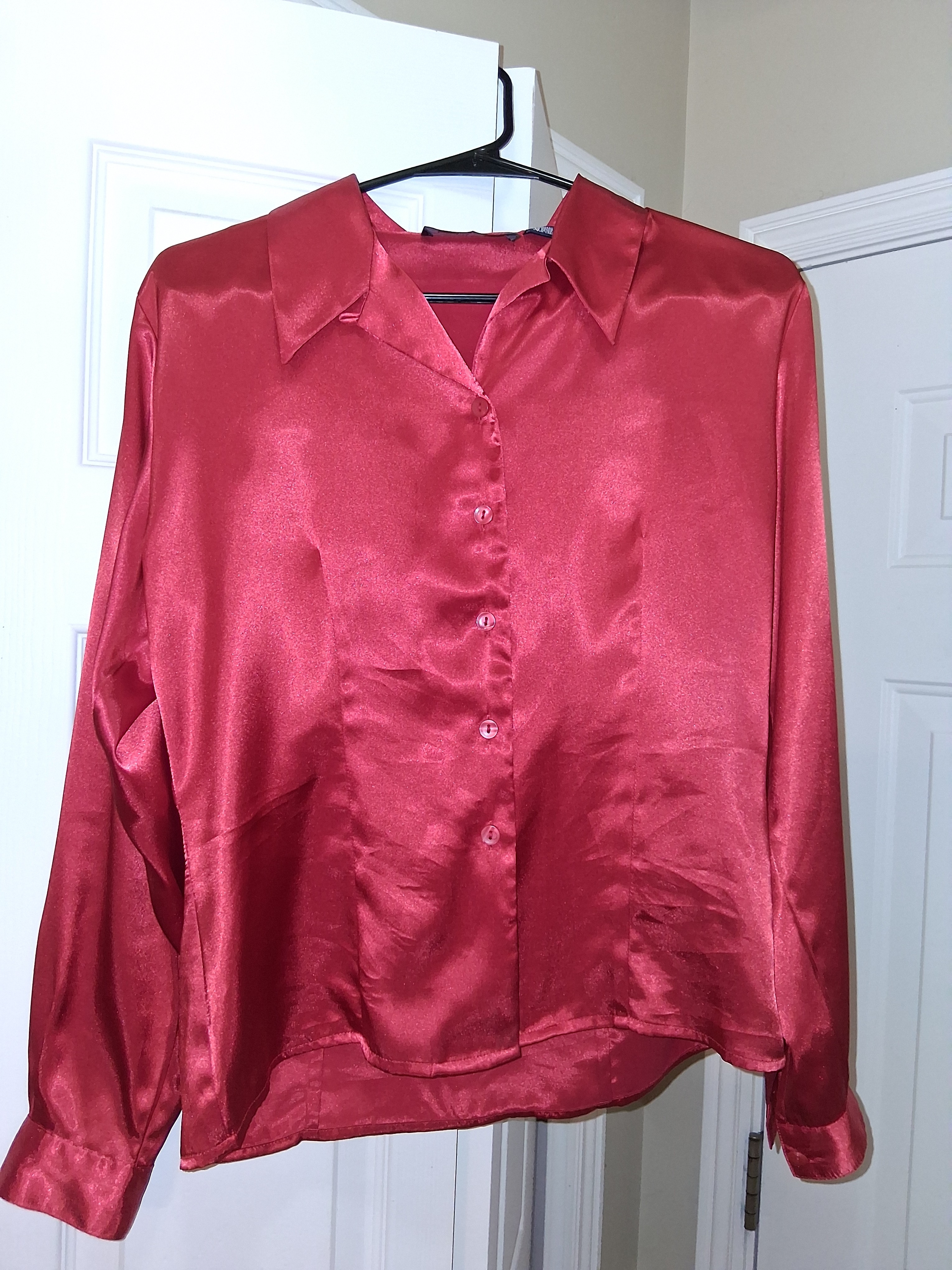 Women's Red Satin Button-Up Blouse